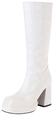 ErikenUrben Damen Mode Plateau Knie Stiefel Square Toe Chunky Heel Go Go Stiefel 70s Costume Schuhe Reißverschluss White Große 7