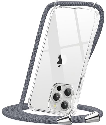 CAROKI Compatible with iPhone 13 Pro Crossbody Phone Case, Lanyard Protective Case with Adjustable Length Lanyard Rope Shockproof Hands-Free Clear Transparent TPU Silicone for iPhone 13 Pro-Grey