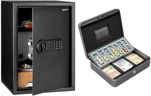 Amazon Basics Électronique Clé Coffre-fort pour domicile, 50 l, Noir & ARREGUI Cashier C9246-EUR Caisse à monnaie en acier monnayeur et billets à clé pour ranger
