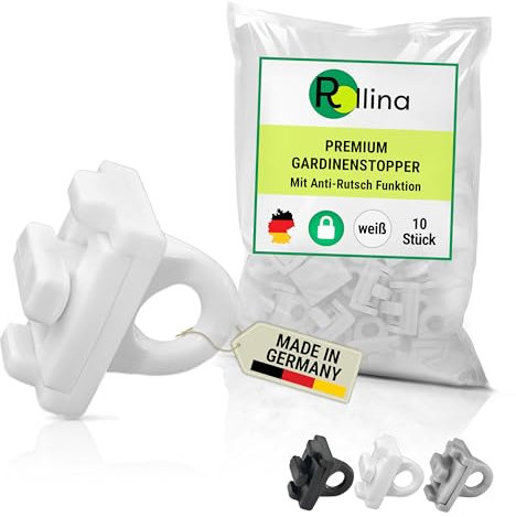 Rollina Premium Gardinenstopper für Schienen mit 6 mm Laufkanal | Stopper mit Anti-Rutsch Funktion | Feststeller für Gardinenschienen (10 STK., weiß)