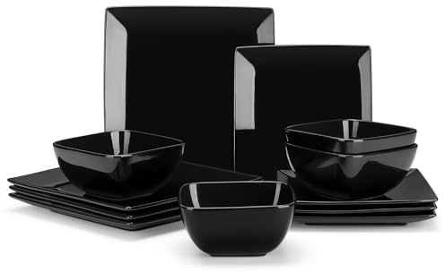 vancasso Soho Service de table 12 pièces en grès noir avec assiettes, bols et assiettes plates pour 4 personnes