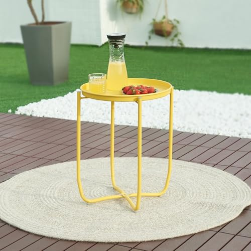 [en.casa] Outdoor Beistelltisch Sandefjord Tabletttisch Balkontisch mit abnehmbarem Tablett Gelb Gartentisch 53 x Ø40 cm rund Indoor Metalltisch