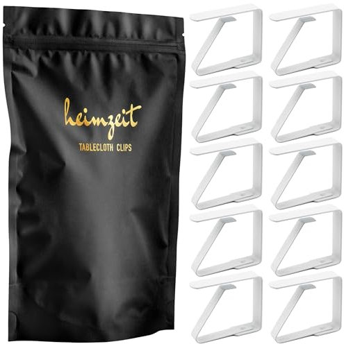 heimzeit Tischdeckenklammern aus hochwertigem Edelstahl [10 Stück, 4 cm] Farbe: Weiß, Tischtuchhalter für draußen und drinnen,Tischtuchklammern für Tische mit max. Plattenstärke von 3 cm