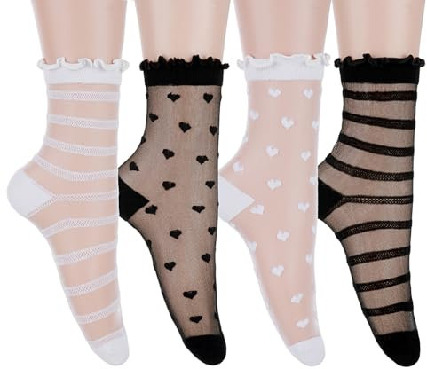 5 paia di calzini trasparenti da donna neri con volant velati calzini alla caviglia in pizzo per le donne vedere attraverso cuore trasparente a righe fresche calze estive, nero, bianco, taglia unica