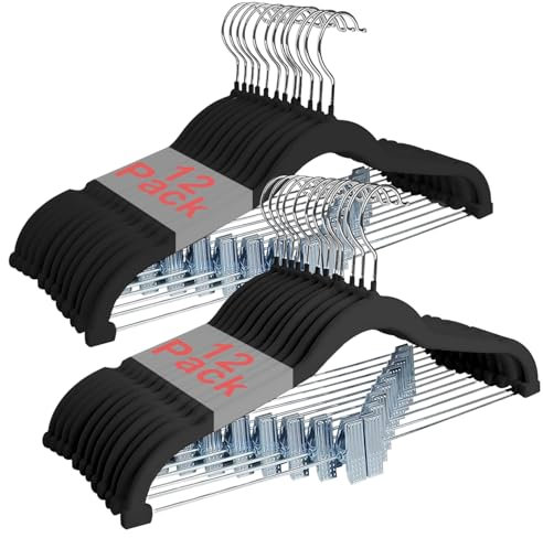 Wellong Perchas de Terciopelo con Pinzas, 42cm Perchas de Ropa Antideslizantes, Perchas Resistentes para Camisas, Pantalones, Faldas, Vestidos, Chaquetas, Abrigos 24 Piezas (Negro)