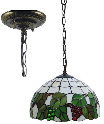 QHFTREX Hängelampe aus Buntglas im Traubenstil mit 12 Zoll breitem handgefertigtem Lampenschirm im Vintage-Stil, antike Hängelampe für Esszimmer, Flur, Theke, Kücheninsel, Balkon, A powerfully
