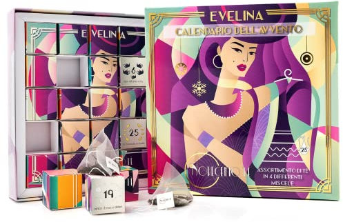 Novecento Tè® | Cofanetto Tè Avvento Evelina | Calendario Avvento 25 Piramidi Tè e Tisane in 4 Gusti Assortiti | Calendario Avvento Gioco Puzzle