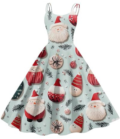 Kleid Weihnachten Damen Abendkleid Retro Partykleid Damen Weihnachtsmann Trendy Weihnachtskleid Damen Cocktailkleid Festival Kleider Rockabilly Kleider Damen Festliche Kleid Beige Damen Hellblau M