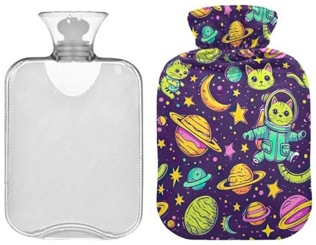 Bonita botella de agua caliente con diseño de gatos espaciales verdes con bonita funda, bolsas de agua caliente transparentes de 1 litro, botella de agua caliente portátil para aliviar el dolor de