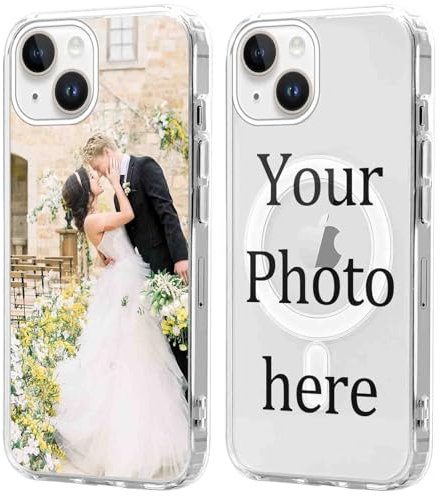 Coiwxmoi Personalisierte Magnetisch Handyhülle für iPhone 14/iPhone 13 6,1'' [Kompatibel mit MagSafe], Klare Personalisiert Hülle mit Bild Foto Text Selbst Gestalten Design Schutzhülle für iPhone 13