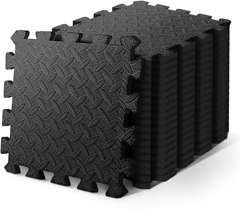 KAYMAN 24 Pack Gym Foam Mats, Nonslip Interlocking Floor Mats, EVA Foams Exercise Gym Mat for Home Workouts, Studio, Weights, Exercise & Yoga, Protective Foam Floor Tiles for Garage, (30x30 cm) Black