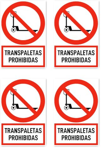 Lot de 4 autocollants : 150 x 100 mm, interdit aux transpalettes – Langue : espagnol – Panneau d'interdiction avec texte (rouge/blanc) – Format portrait – DIN EN ISO 7010