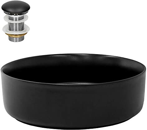 LuxeBath Waschbecken Keramik rund Ø360x120 mm Schwarz mit Ablaufgarnitur Schwarz, Aufsatzwaschbecken für Badezimmer/Gäste-WC, Modernes Aufsatzbecken, Waschtisch Waschschale Waschplatz Handwaschbecken