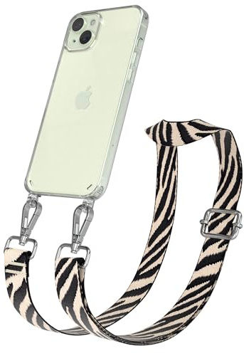 EAZY CASE Handykette - Verstellbares Taschenband kompatibel mit iPhone 15 Plus, Schulterriemen, Handykordel mit Silikon Hülle, Umhängetasche, Zebra - Schwarz Beige Silber