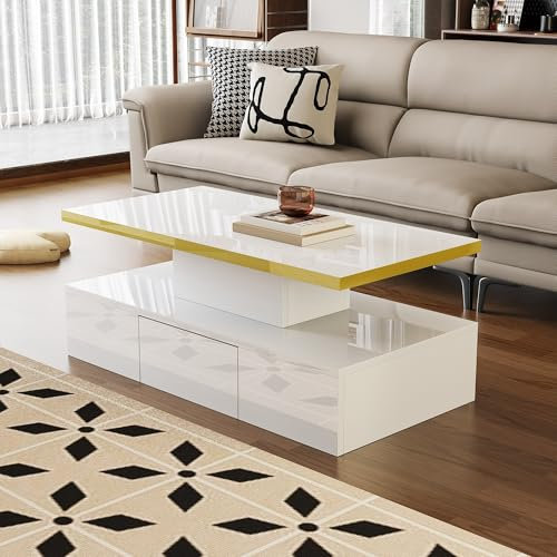 Generisch Table Basse avec éclairage LED, Table avec tiroirs, Laque Brillante, Table d'appoint avec Deux étagères,Blanc