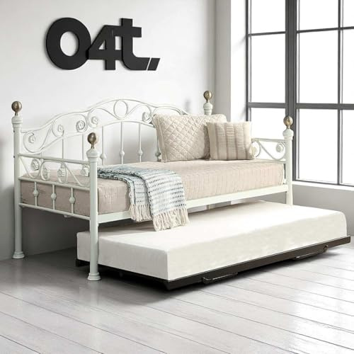 OAT Home Mayfair White & Polished Brass Single Metal Day Bed Frame with Optional Black Guest Trundle, Victorian French Style (White With Black Trundle)