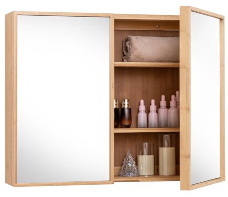 GOPLUS Meuble Salle de Bain avec 2 Porte et Miroir, Armoire Salle de Bain en Bambou, 3 Compartiment Large et 2 Etagères Réglables, Vis d'Expansion, Miroir Mural pour WC, Entrée, Naturel
