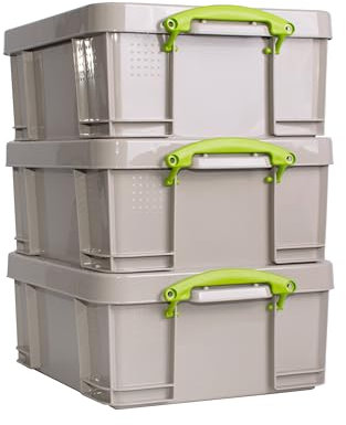 Really Useful Box Plastic Storage 18L Recycled Dove Grey with Green Handles Pack of 3