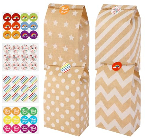 20 Kraftpapiertüten, Geschenkverpackungstüten, enthalten 48 Aufkleber, papiertüten braun, geeignet für Kindergeburtstagsgeschenke, Weihnachtsgeschenke Papiertüten