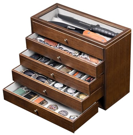 5-Tier Large Knife Display Case & Organizer, Wooden Pocket Knife Storage Box with Transparent Lid, Collector-Grade Holder for Folding Knives and Daggers, Ideal Men‘s Gift
