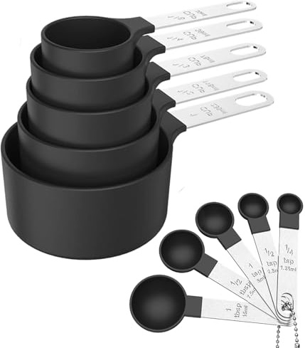 10 Stück Messbecher und Löffelset, Edelstahlgriffe mit Kunststoffbehältern | Messbecher und Löffel mit Messlineal für Backen, Kochen, Gewürze & Kaffee