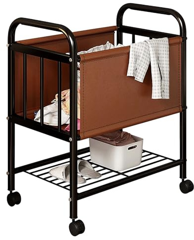 Wäschewagen mit Rollen Hoch Wäscheraum-Organizer mit Gestell aus Kohlenstoffstahl 2-Stöckiger Rollbarer Wäschesammler für Waschküche, Badezimmer, Wohnzimmer, Schlafzimmer(Brown,60 * 33 * 78cm)
