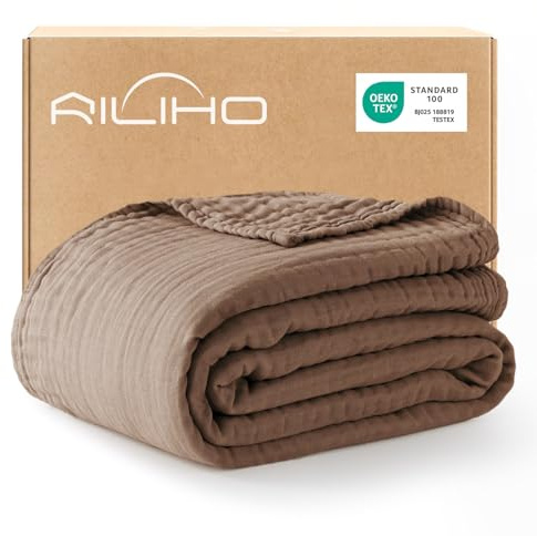 RILIHO musselin Decke groß Adult 228 x 228, 100% Baumwolle, Sommer Decke, atmungsaktive Gaze-Decke alle Jahreszeiten, weich und leicht, Wohndecke Couch Decken, bettdecke, Taupe