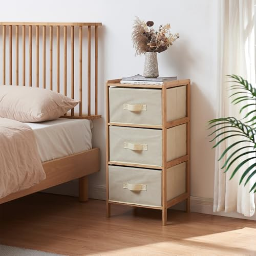 [en.casa] Kommode Maldon mit 3 Stoffschubladen Schubladenschrank 79 x 37 x 35 cm Aufbewahrungsschrank für Schlafzimmer Flur Ankleidezimmer Bambusgestell Natur/Beige