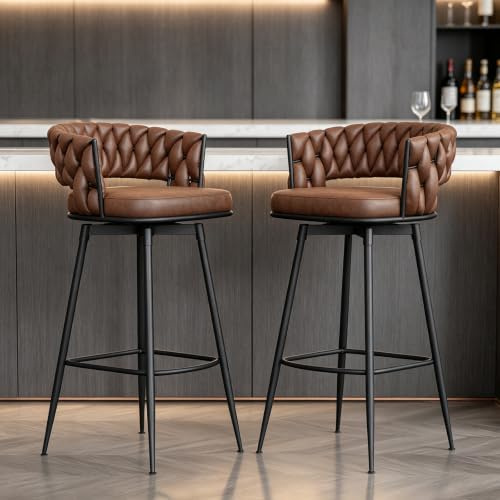 BERYTH Barhocker 4er Set, Barhocker Mit Lehne Gewebter, 180° Drehbar Selbstzentrierend, Pu-Leder, Rutschfestes Metallfuß, Barstuhl Für Küche, Kücheninsel, Theke, Restaurant, Café, Kneipe, Braun