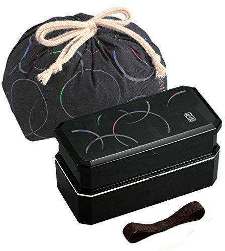 Boîte à bento japonaise Boîte à déjeuner Vagues Waon Noir, 320 + 400 ml, avec baguettes et sac de transport par OSK PW-6 + KB-1