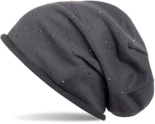 styleBREAKER Damen Beanie Mütze mit Strass-Nieten Applikation und Rollrand, warm 04024024, Farbe:Anthrazit