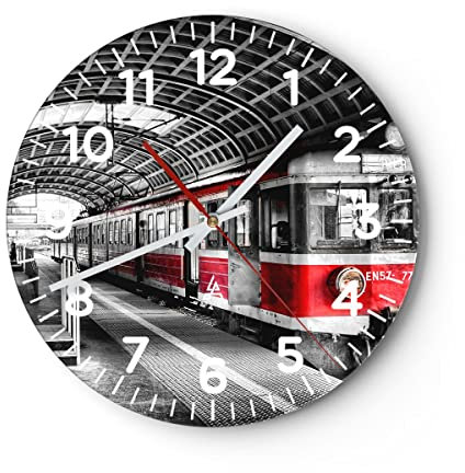Modern Wanduhr Bahn Bahnhof Zug Transport 40x40cm Rund Groß Wand Uhr Glas Analog Zimmeruhren Küche Büro Wohnzimmer Glasuhr Wall Clock Dekoration Design Wanddekoration Küchenuhr C4AR40x40-2558