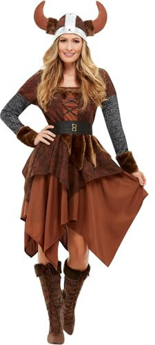 Smiffys Deluxe Wikinger Barbarenköniginnenkostüm, Braun, mit Kleid & Helm