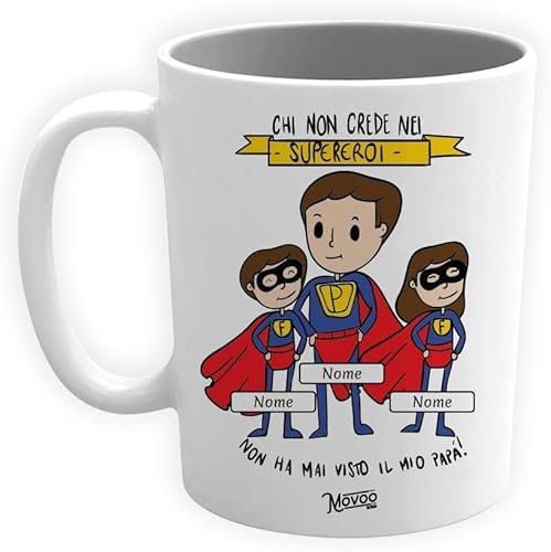 Movoo Design Tazza Papà Supereroe Tazza/Mug Idea regalo Lavabile Festa del Papà Ceramica Personalizzata con Nomi