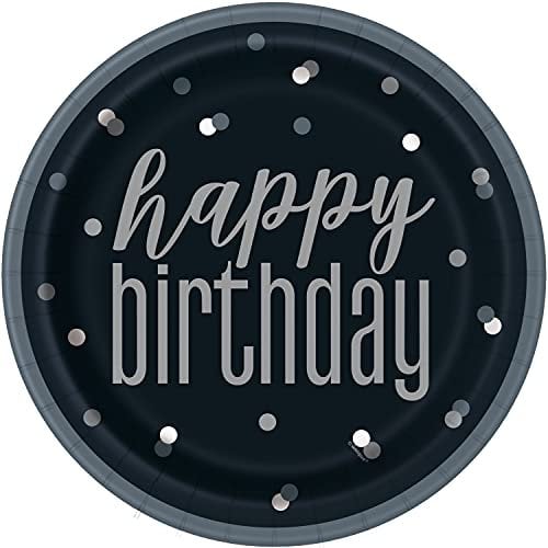 Unique Umweltfreundliche Pappteller - 23 cm - Glitzer Schwarz & Silber Geburtstag - 8er-Packung - Packung mit 8 Stück
