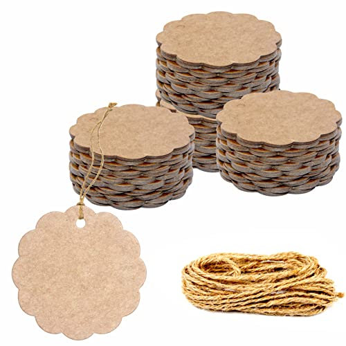 200 Stk. Geschenkanhänger aus Kraftpapier Wellenförmig Geschenkanhänger mit 30 Meter natürlicher Juteschnur für Bastelverpackungen (6 cm Durchmesser)