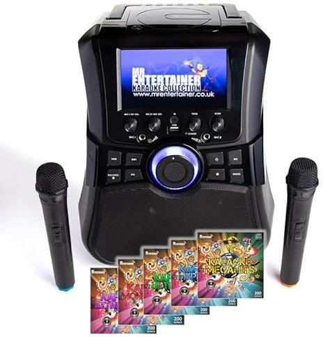 Mr Entertainer Megabox Portable Karaoke Machine with Screen. CDG/DVD/MP3G/USB. Includes 1000 Song Family Party Pack and 2 Wireless Microphones