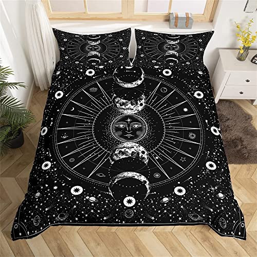 feelingyou Sonne Mond Bettwäsche-Set,Psychedelisch im Boho-Stil Bettwäsche Set 155x220cm,Schwarz und weiß Betten Set für Kinder Jungen Mädchen Teenager 2St.Reißverschluss Mikrofaser