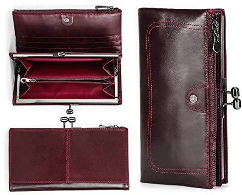CONTACTS Womens Kiss Lock Purse Wallet Leather Phone Clutch Phone Trifold Wallet Red Frame Coin Pocket Vintage Card Holder Photo Window