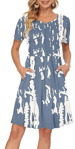 AUSELILY Damen Kurzarm Plissee Loose Swing Freizeitkleid mit knielangen Taschen Graues Graffiti,Medium