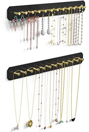 NiHome Lot de 2 organiseurs de bijoux à suspendre, support mural en acrylique pour bijoux, boucles d'oreilles, colliers avec 24 crochets ronds dorés, support de collier à suspendre également pour