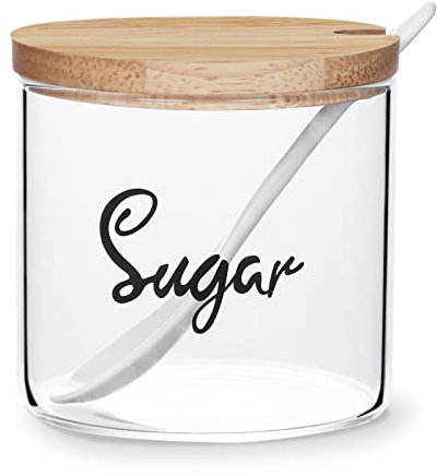 Clear Glass Sugar Bowl with Serving Spoon and Lid, Farmhouse Kitchen Countertop Canisters, Container Jar Dispenser Holder for Home Kitchen,12 oz