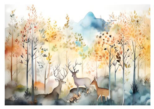 WallArena - Vlies Fototapete Kinderzimmer 254x184 cm Wald Tiere Hirsch Pastell für Kinder - Fototapeten Tapeten für Kinder Kindertapete Kinderzimmertapete - Vliestapete Wandtapete Tapete 3D Effekt