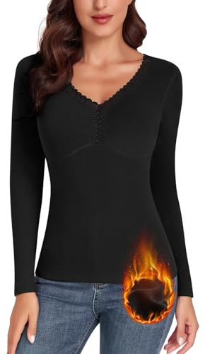 WOWENY Damen Oberteil Thermo Langarm Winter Langarmshirts Thermohemd mit Spitze V-Ausschnitt Warme Unterhemd Elegant Shirt Tshirts,Langarm-Schwarz,XL