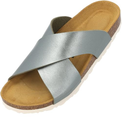 Palado Pantoletten Damen Rianel - bequeme Sandalen mit gekreuzten Riemen - Hausschuhe - modische Sommerschuhe Olive Metallic UK8 - EU41