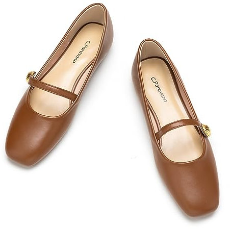 C.Paravano Mary Jane Schuhe Damen | Damen Ballerinas | Quadratische Zehe Mary Jane Flachs(Braun,38.5)