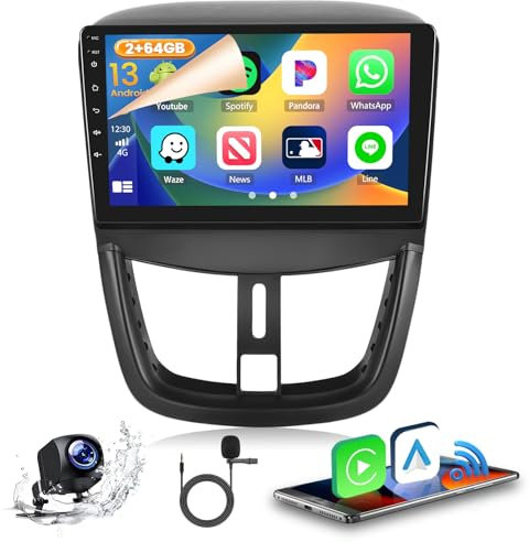 Hikity 2GB+64GB Android 15 Autoradio für Peugeot 207 2006-2015 Radio Wireless CarPlay Android Auto Bluetooth 9 Bildschrim Auto Radio mit Navi Rückfahrkamera