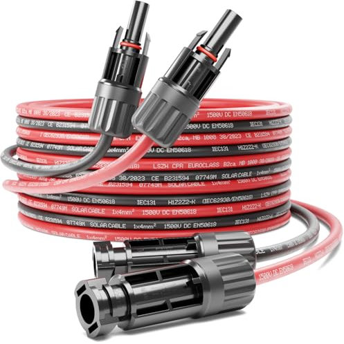 deleyCON 20m PV4 Solarkabel Verlängerung Set 4mm² für Photovoltaik-Anlagen - Verlängerungskabel für Serielle & Parallele Verkabelungen - 1kV AC 1,5kV DC - Wetterfest UV-Beständig IP68 - Rot & Schwarz