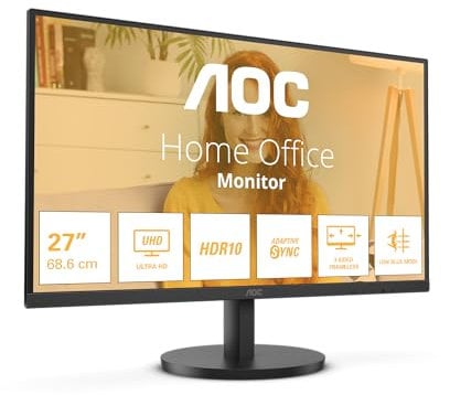 AOC U27B3M - Monitor UHD da 27 pollici, HDR10 3840x2160, 4K, 60 Hz, 2x HDMI, DisplayPort nero, 27 pollice 4K IPS 60Hz, USB-C, Altoparlanti - Regolazione altezza