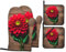 4Pcs Oven Gloves And Pot Holders Set Wooden Board Retro Flower Red Dahlia Print Microwave Gloves Durable Bbq Gloves Premium Microwave Mitts For Microwave, Baking, Oven